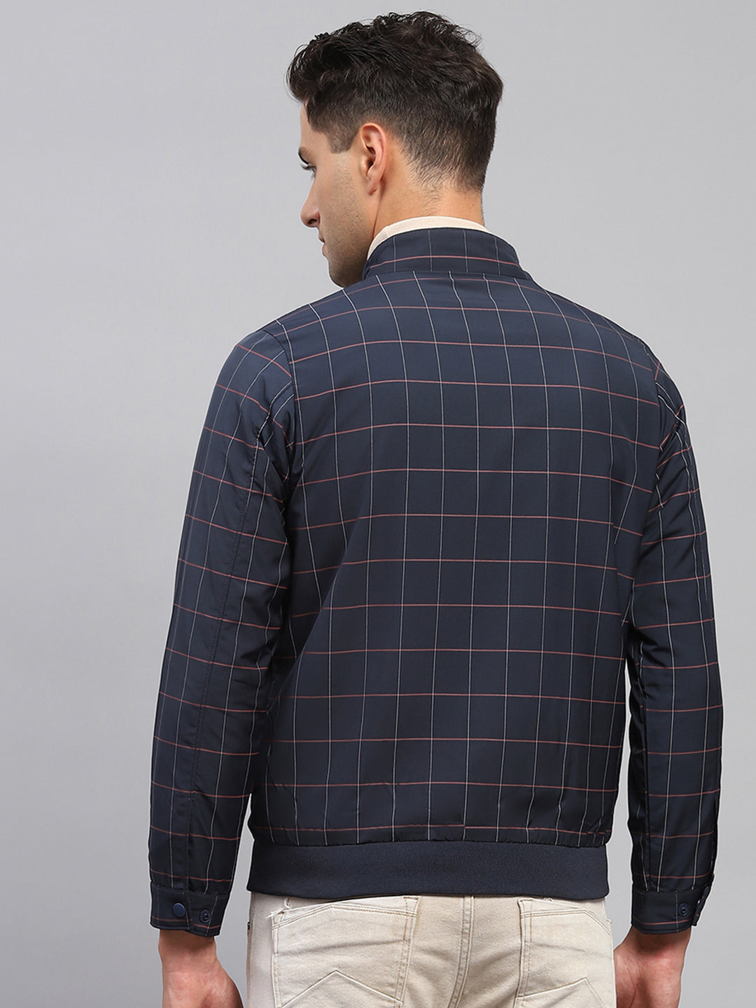 Men Navy Blue Check Mock Neck Full Sleeve Jacket