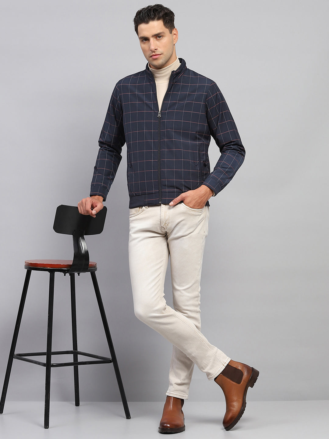 Men Navy Blue Check Mock Neck Full Sleeve Jacket