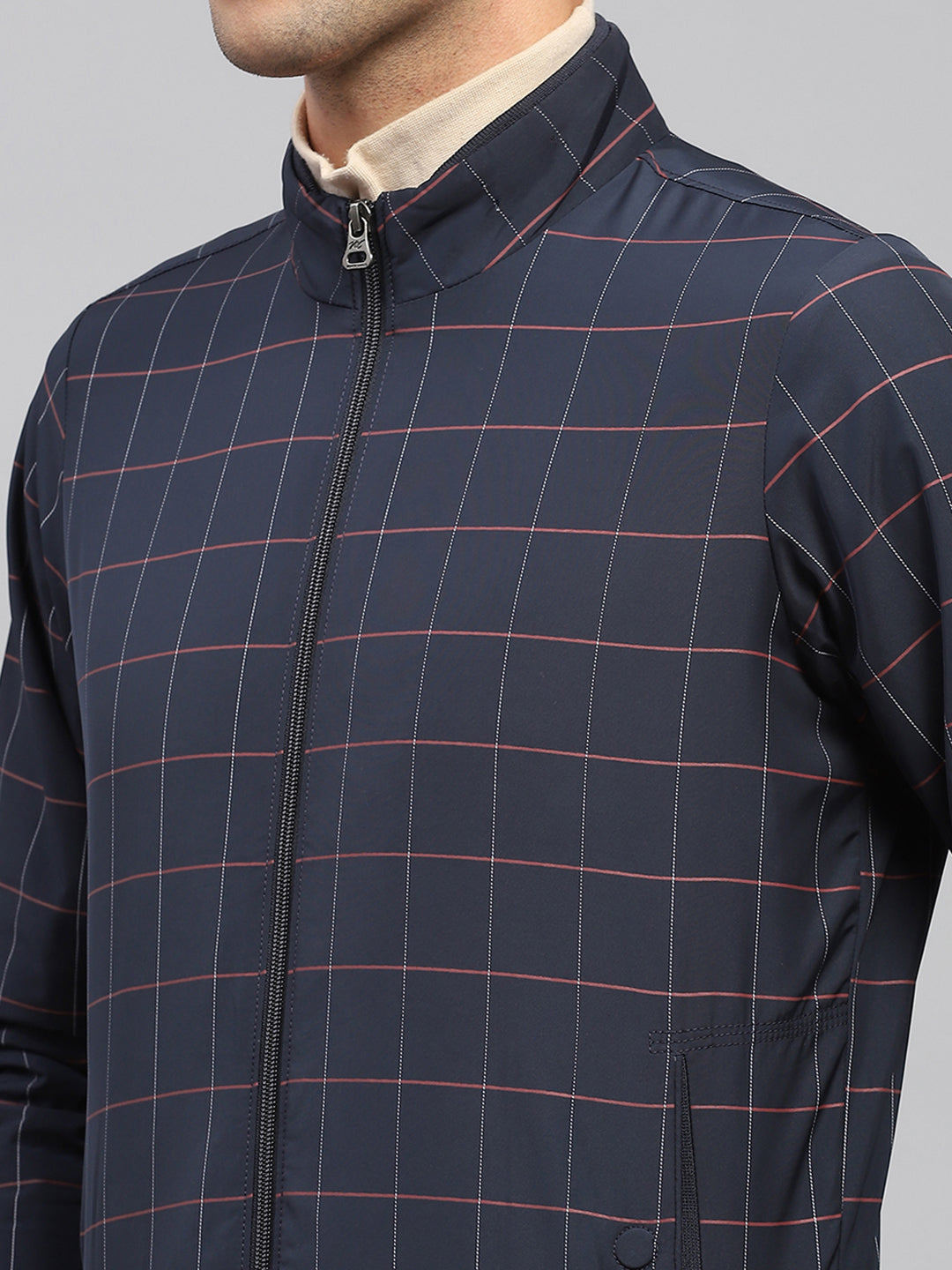 Men Navy Blue Check Mock Neck Full Sleeve Jacket