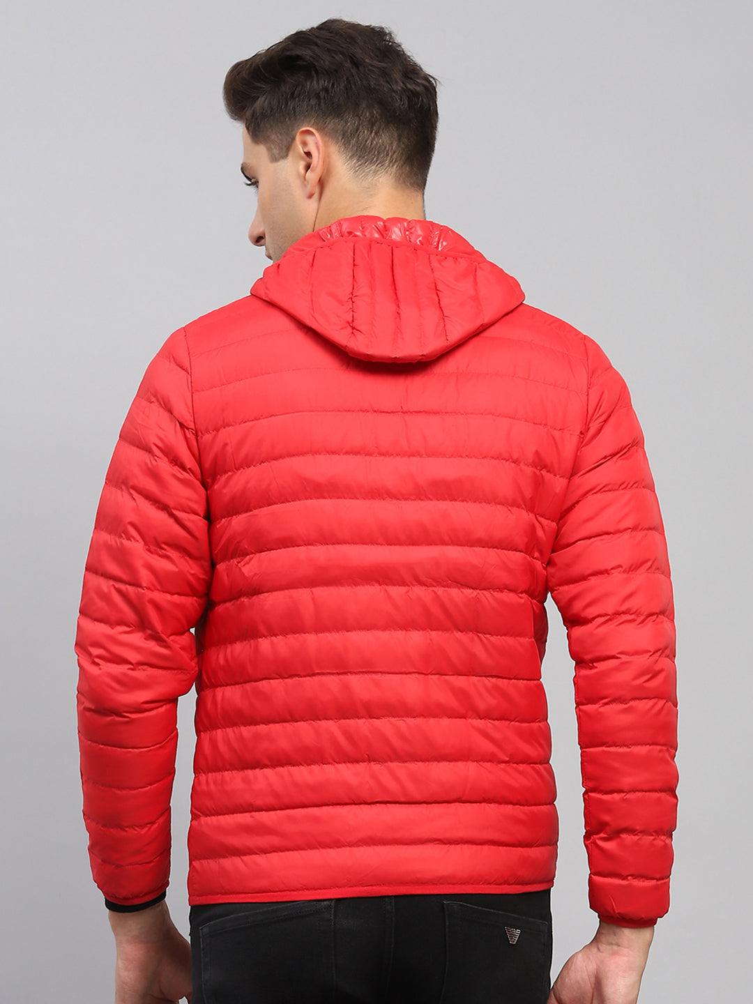 Men Red Solid Hooded Full Sleeve Jacket