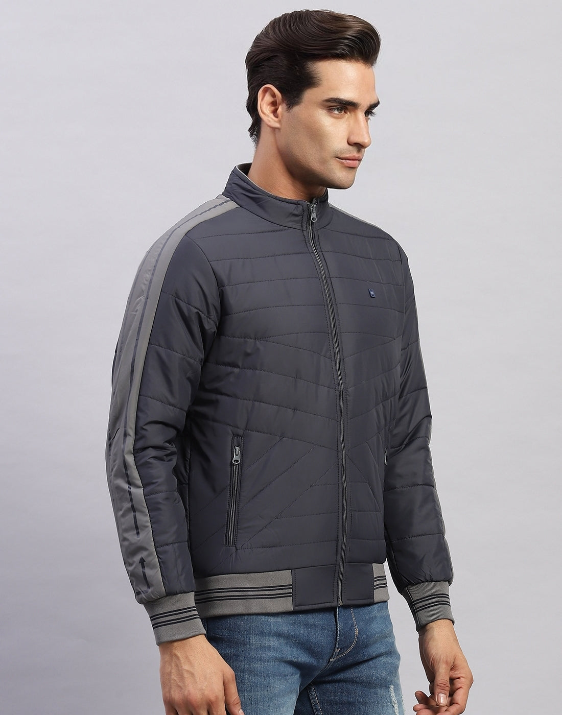 Men Grey Solid Mock Neck Full Sleeve Jacket