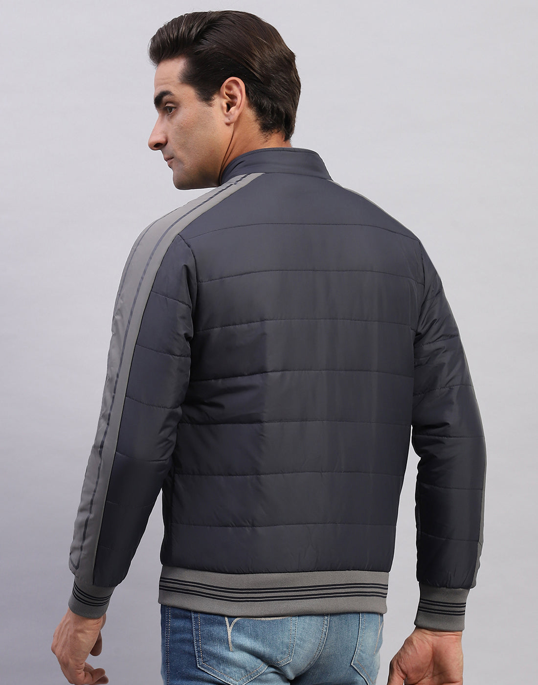 Men Grey Solid Mock Neck Full Sleeve Jacket