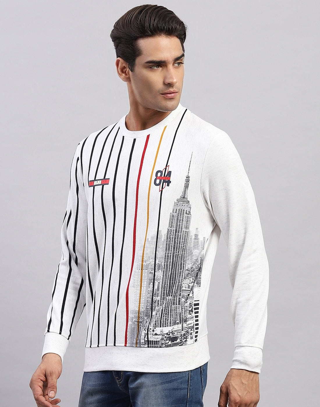 Men White Stripe Round Neck Full Sleeve Sweatshirt