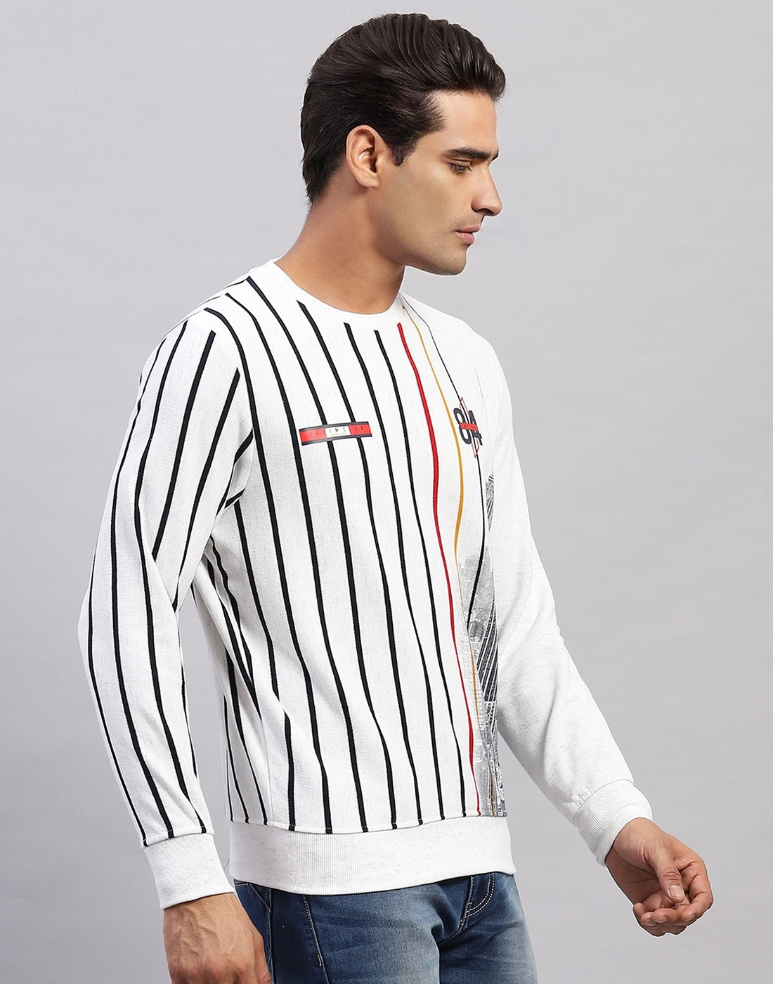 Men White Stripe Round Neck Full Sleeve Sweatshirt