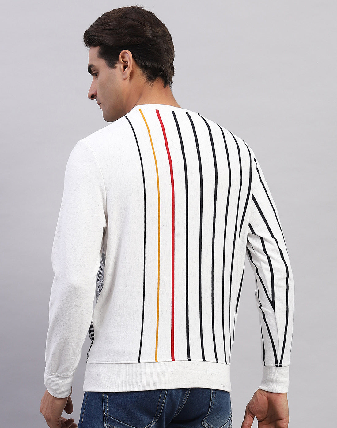 Men White Stripe Round Neck Full Sleeve Sweatshirt