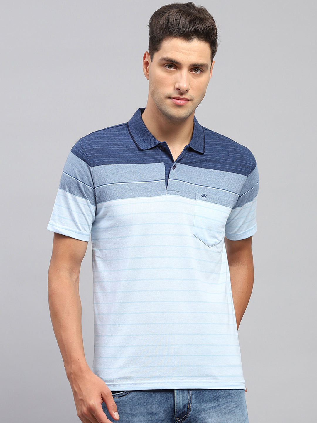 Men Sky Blue Stripe Polo Collar Half Sleeve T-Shirt