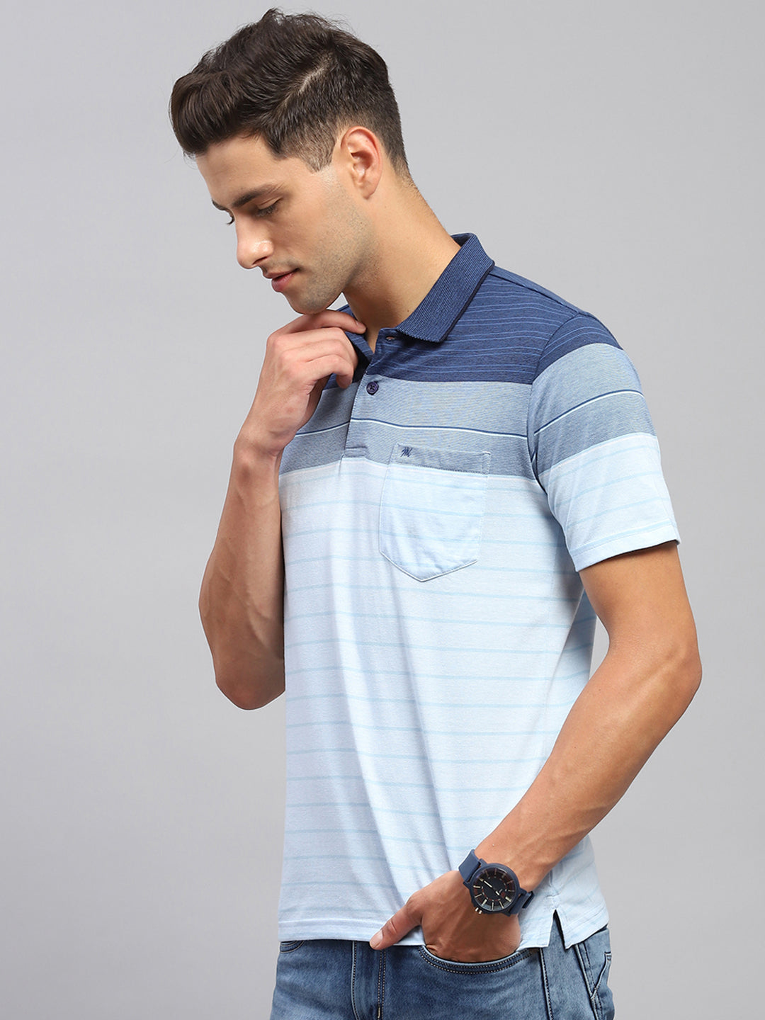 Men Sky Blue Stripe Polo Collar Half Sleeve T-Shirt