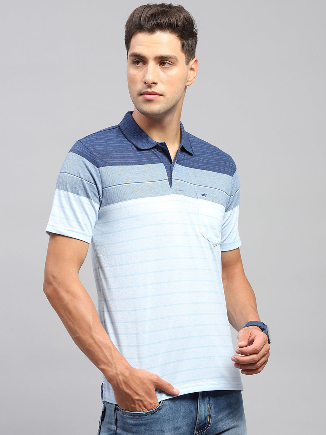 Men Sky Blue Stripe Polo Collar Half Sleeve T-Shirt