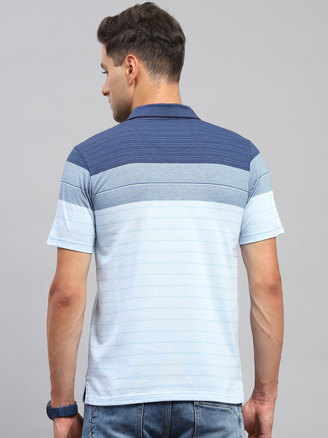 Men Sky Blue Stripe Polo Collar Half Sleeve T-Shirt