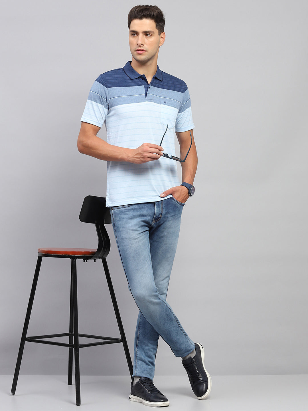 Men Sky Blue Stripe Polo Collar Half Sleeve T-Shirt