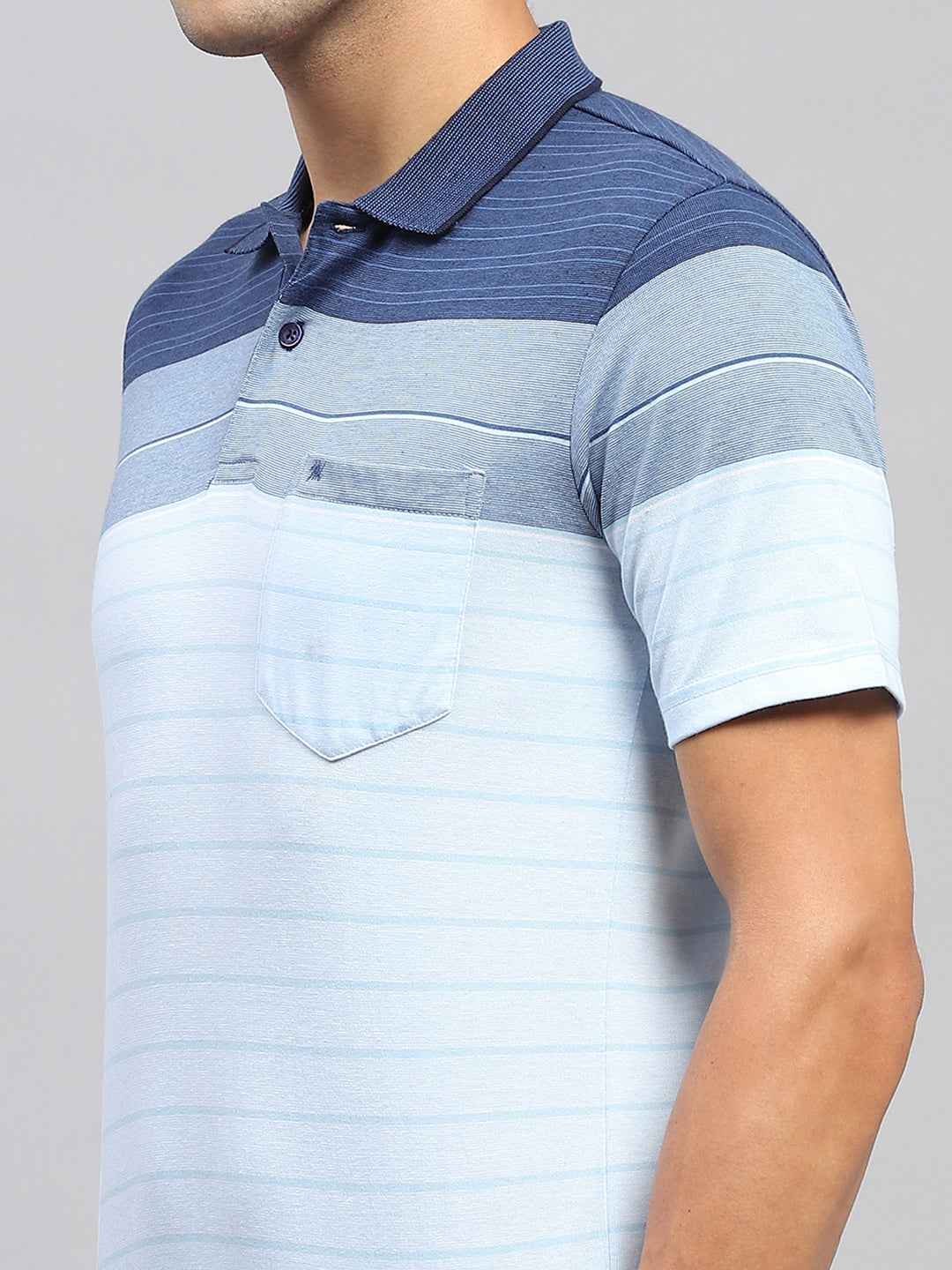 Men Sky Blue Stripe Polo Collar Half Sleeve T-Shirt