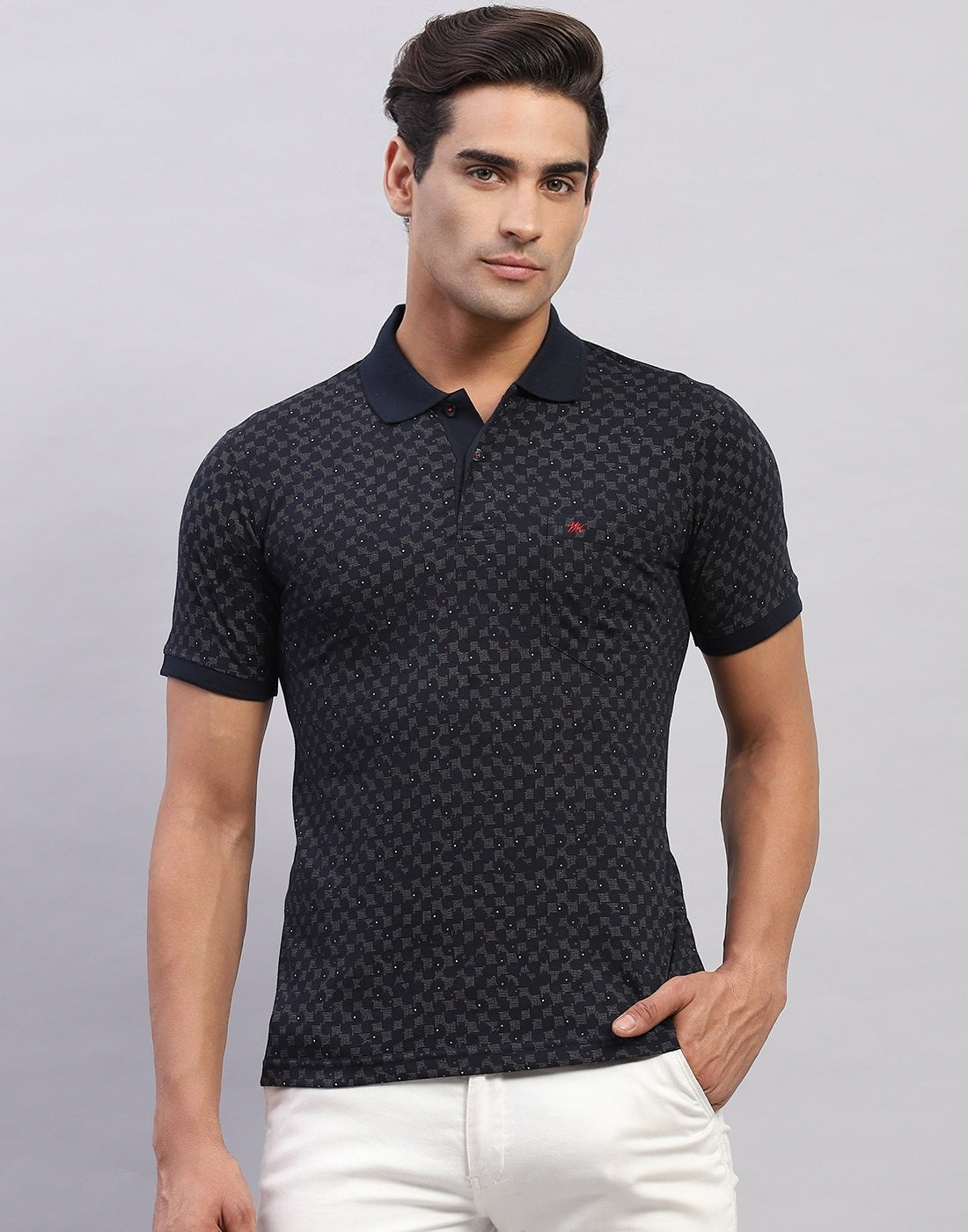 Men Navy Blue Printed Polo Collar Half Sleeve T-Shirt