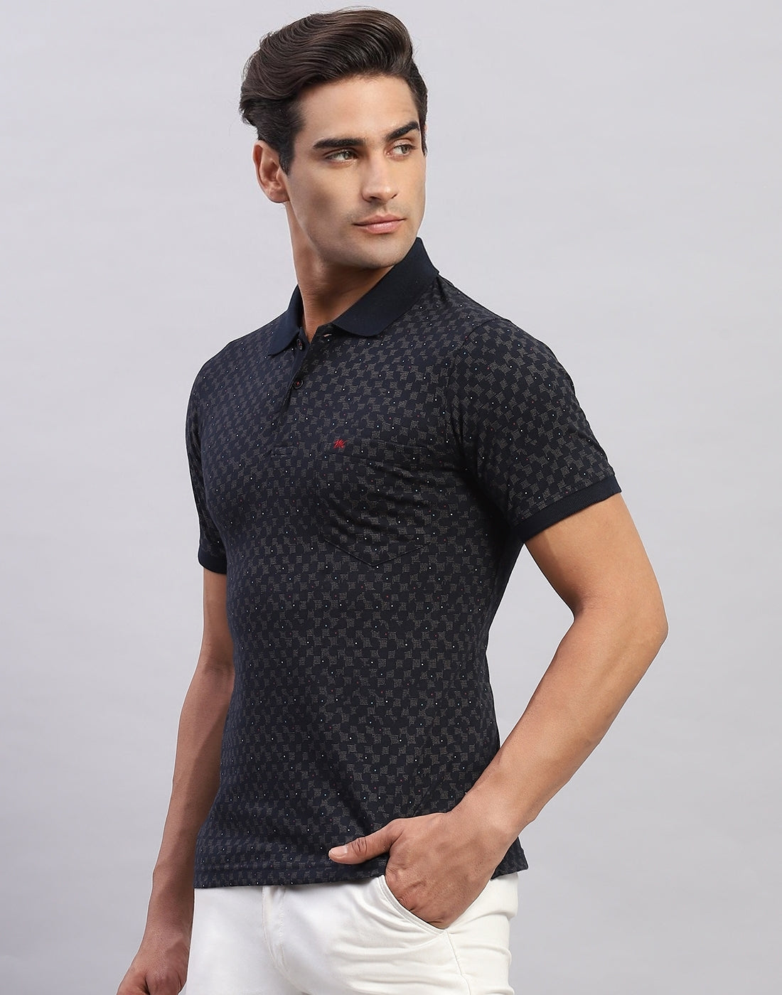 Men Navy Blue Printed Polo Collar Half Sleeve T-Shirt