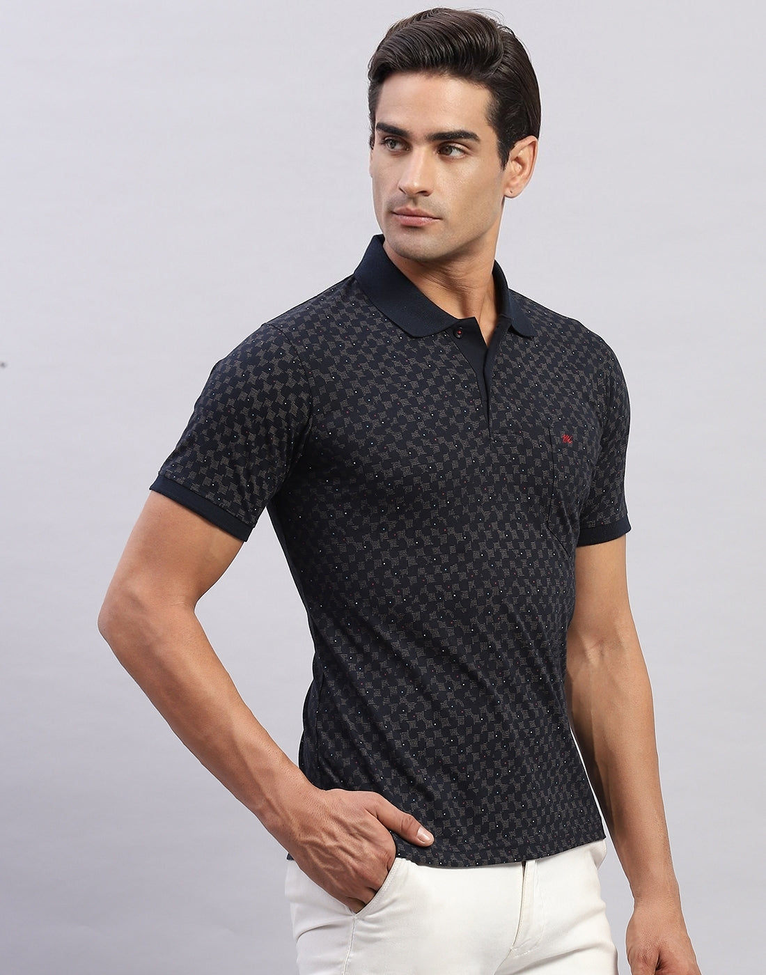 Men Navy Blue Printed Polo Collar Half Sleeve T-Shirt