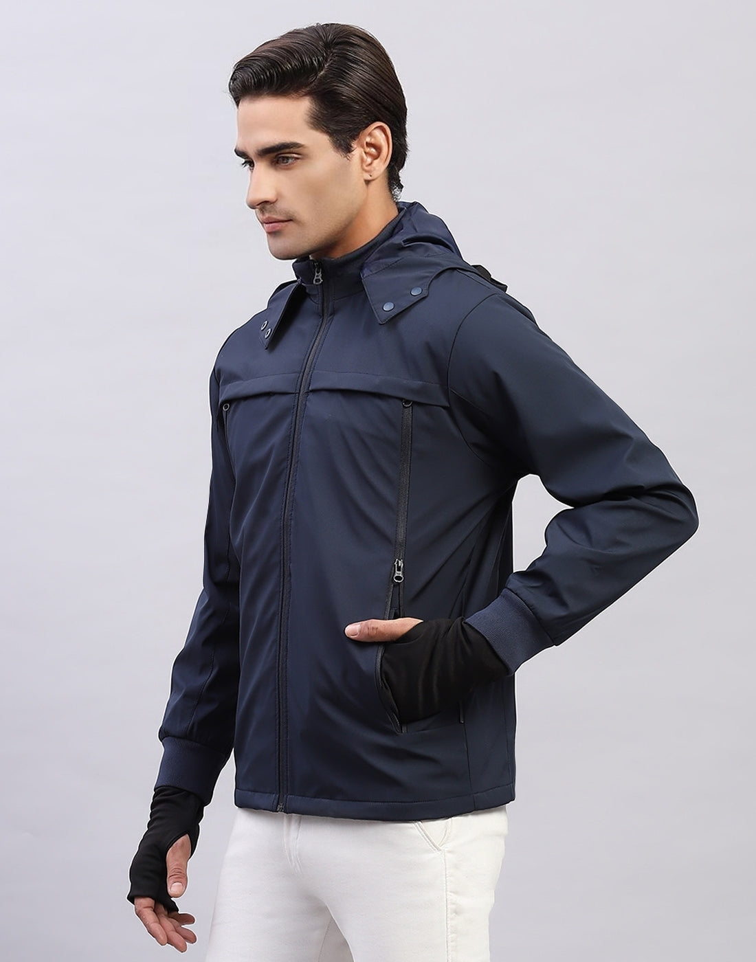 Men Navy Blue Solid Hooded Full Sleeve Jacket