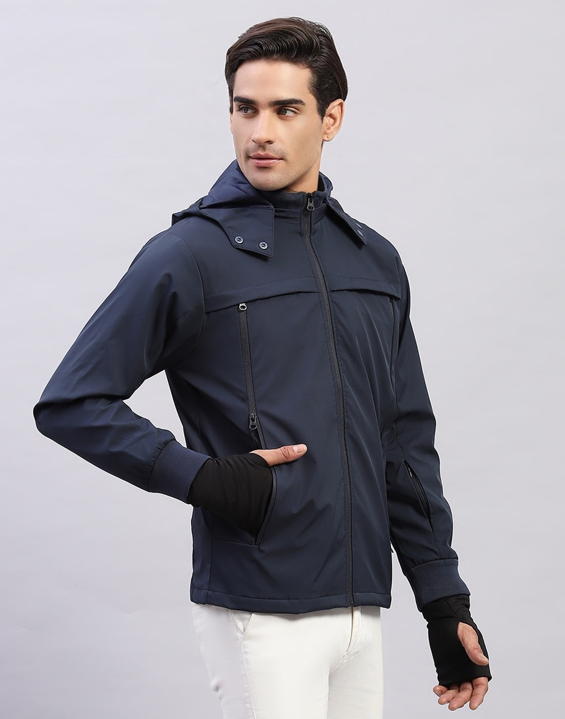 Men Navy Blue Solid Hooded Full Sleeve Jacket