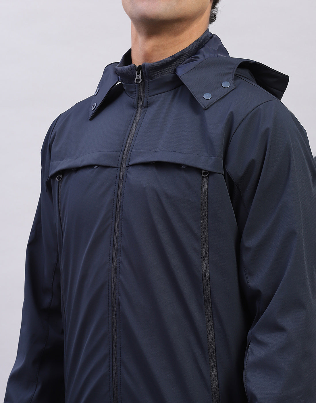 Men Navy Blue Solid Hooded Full Sleeve Jacket