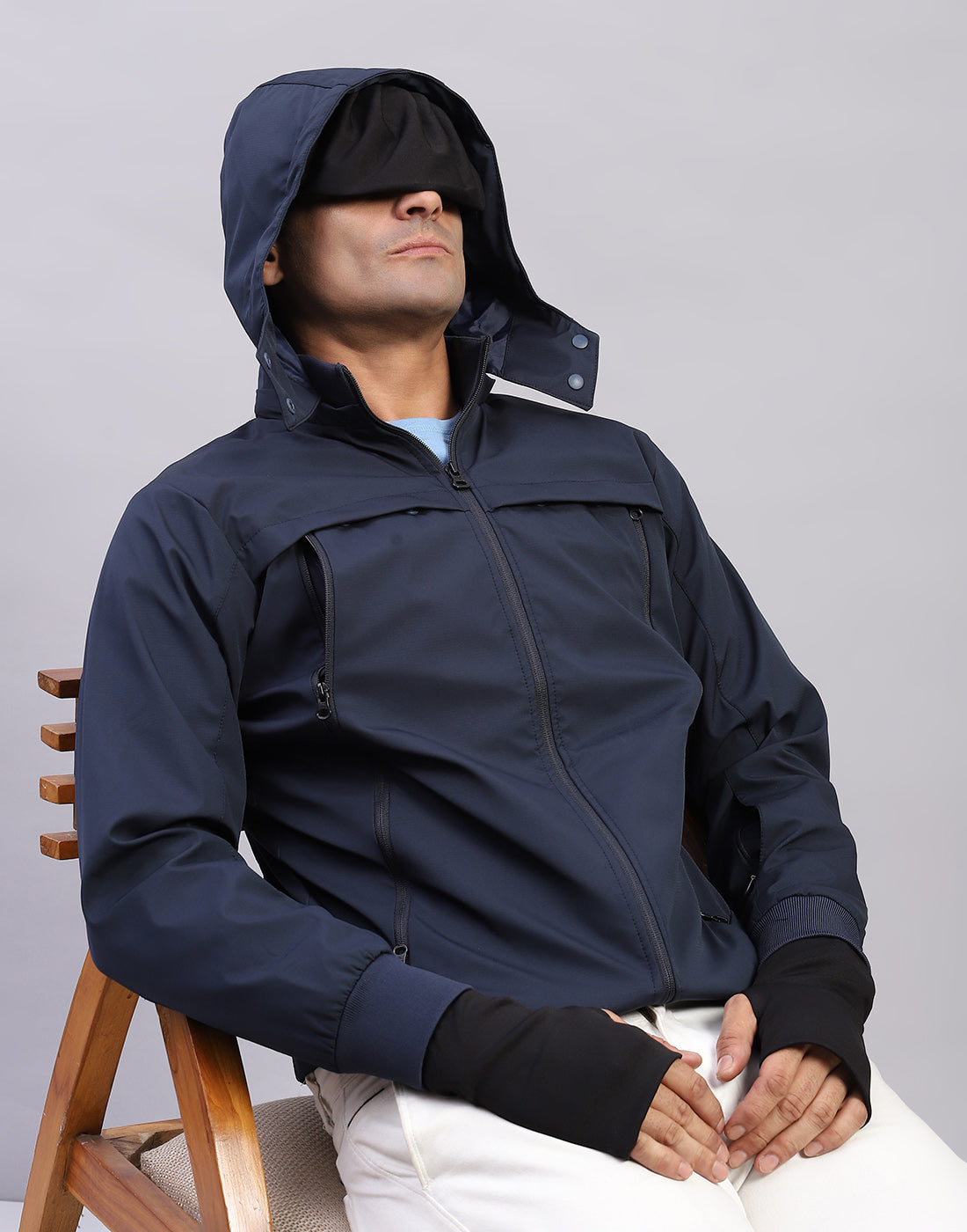 Men Navy Blue Solid Hooded Full Sleeve Jacket