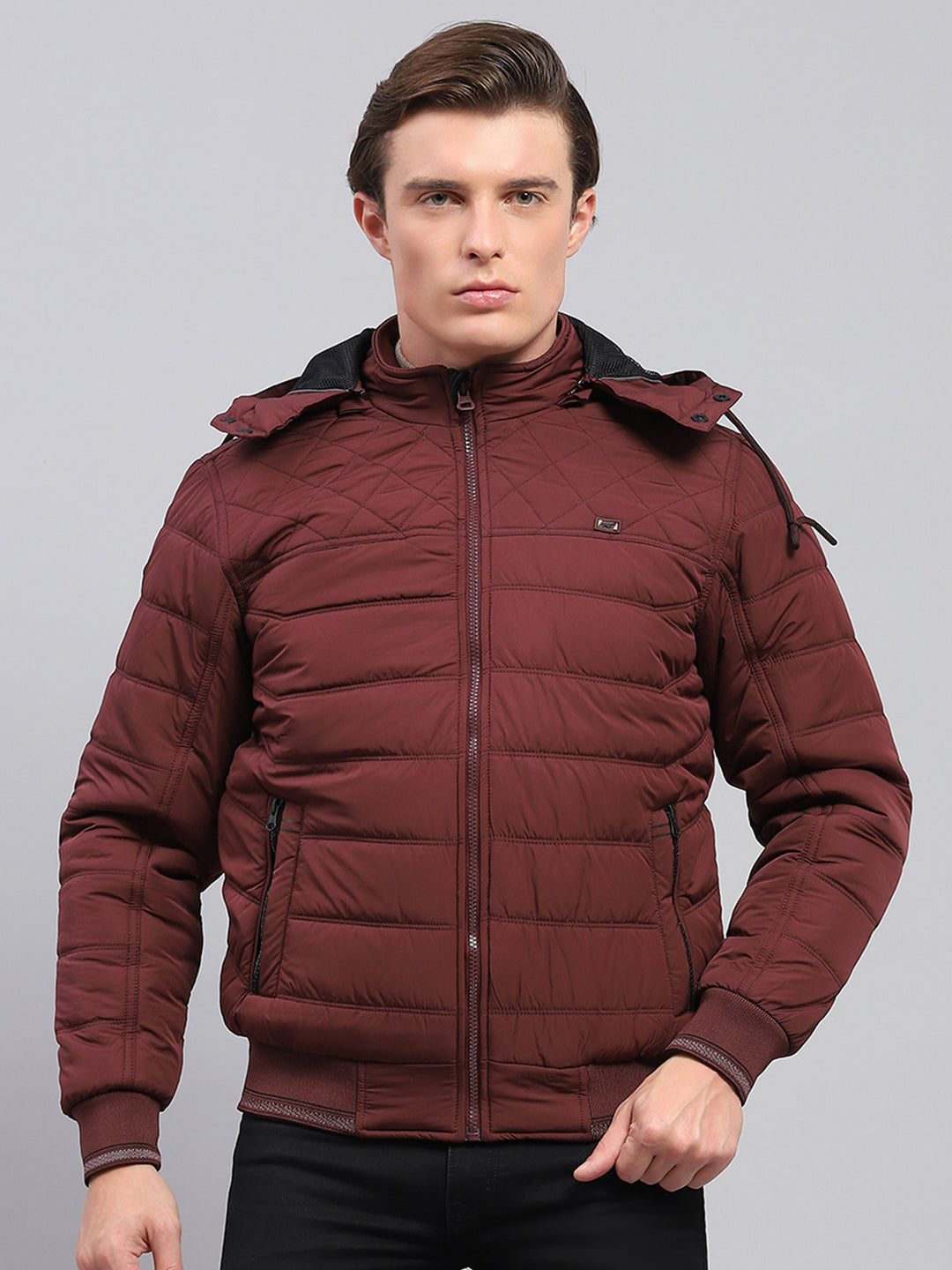 Men Maroon Self Design Detachable Hood Full Sleeve Jacket