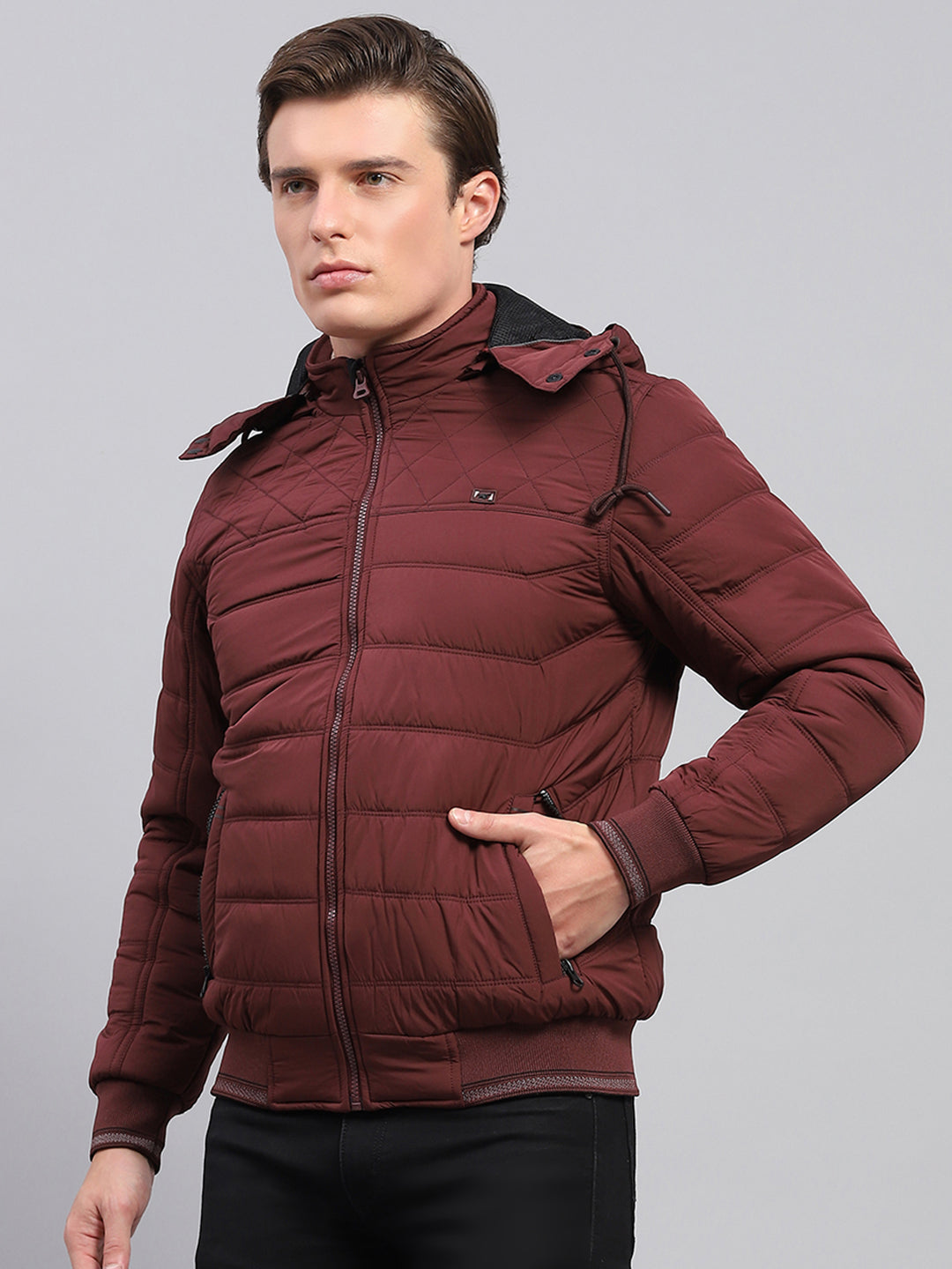 Men Maroon Self Design Detachable Hood Full Sleeve Jacket