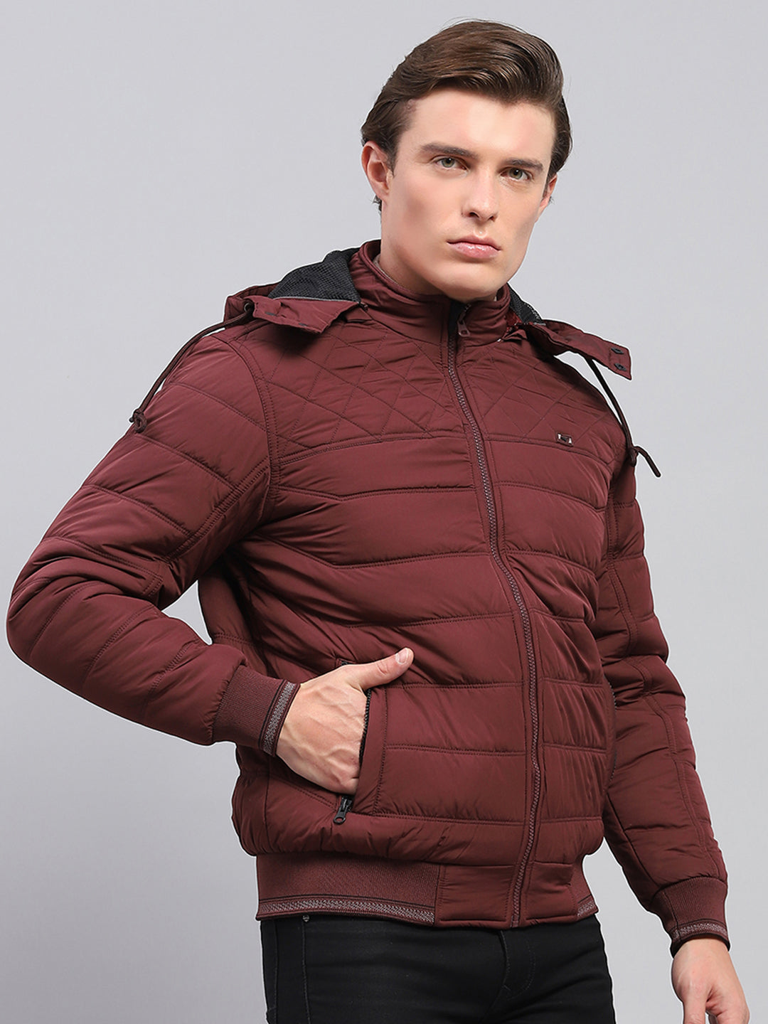 Men Maroon Self Design Detachable Hood Full Sleeve Jacket