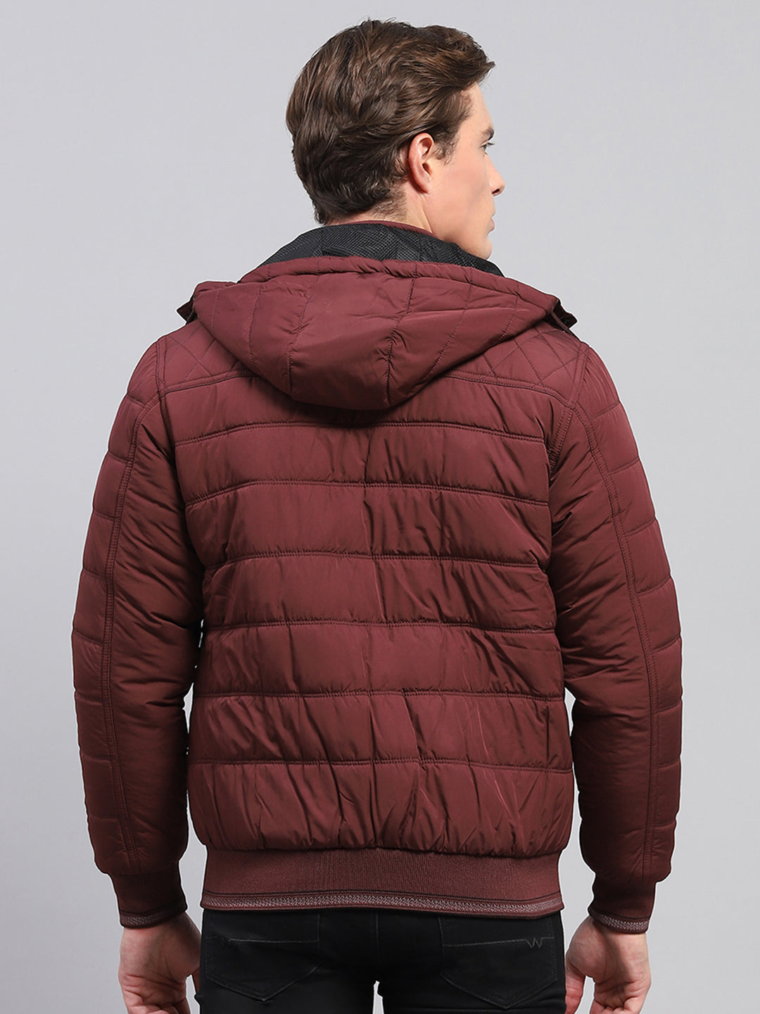 Men Maroon Self Design Detachable Hood Full Sleeve Jacket