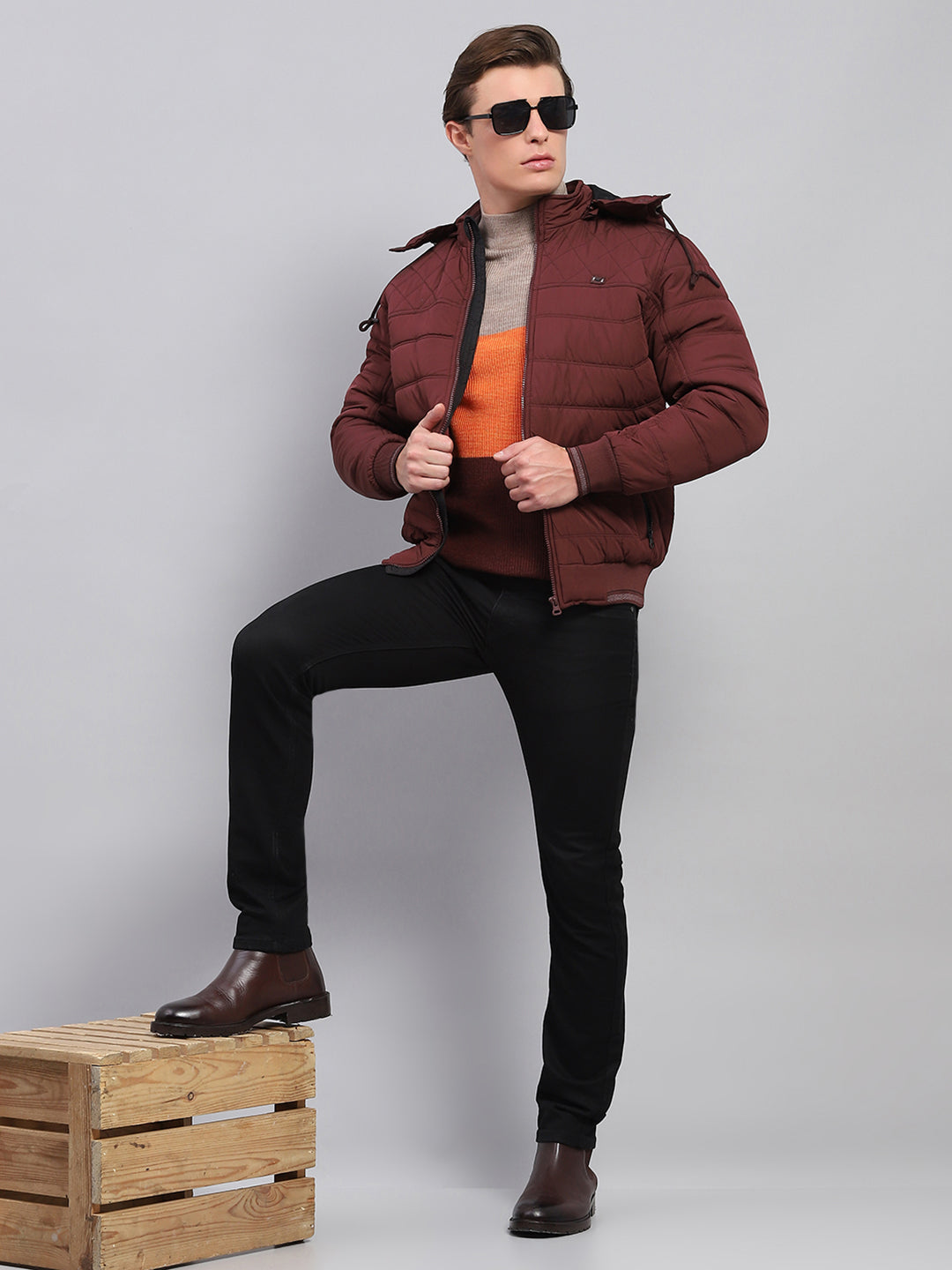 Men Maroon Self Design Detachable Hood Full Sleeve Jacket