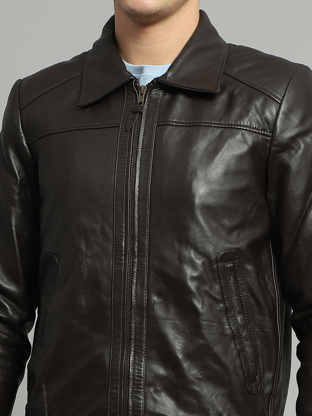 Men Brown Solid Collar Full Sleeve Jacket