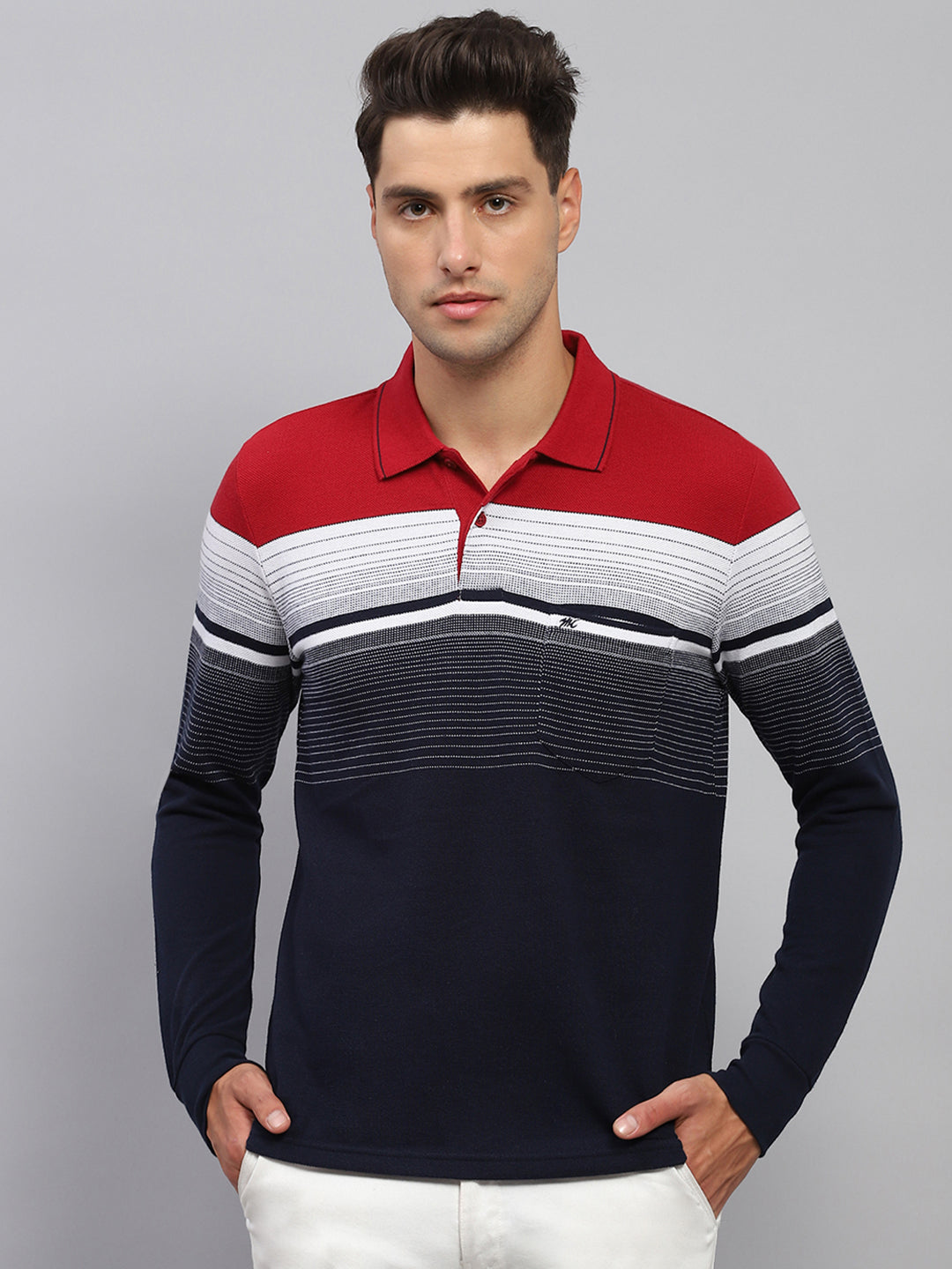 Men Navy Blue Stripe Polo Collar Full Sleeve T-Shirt