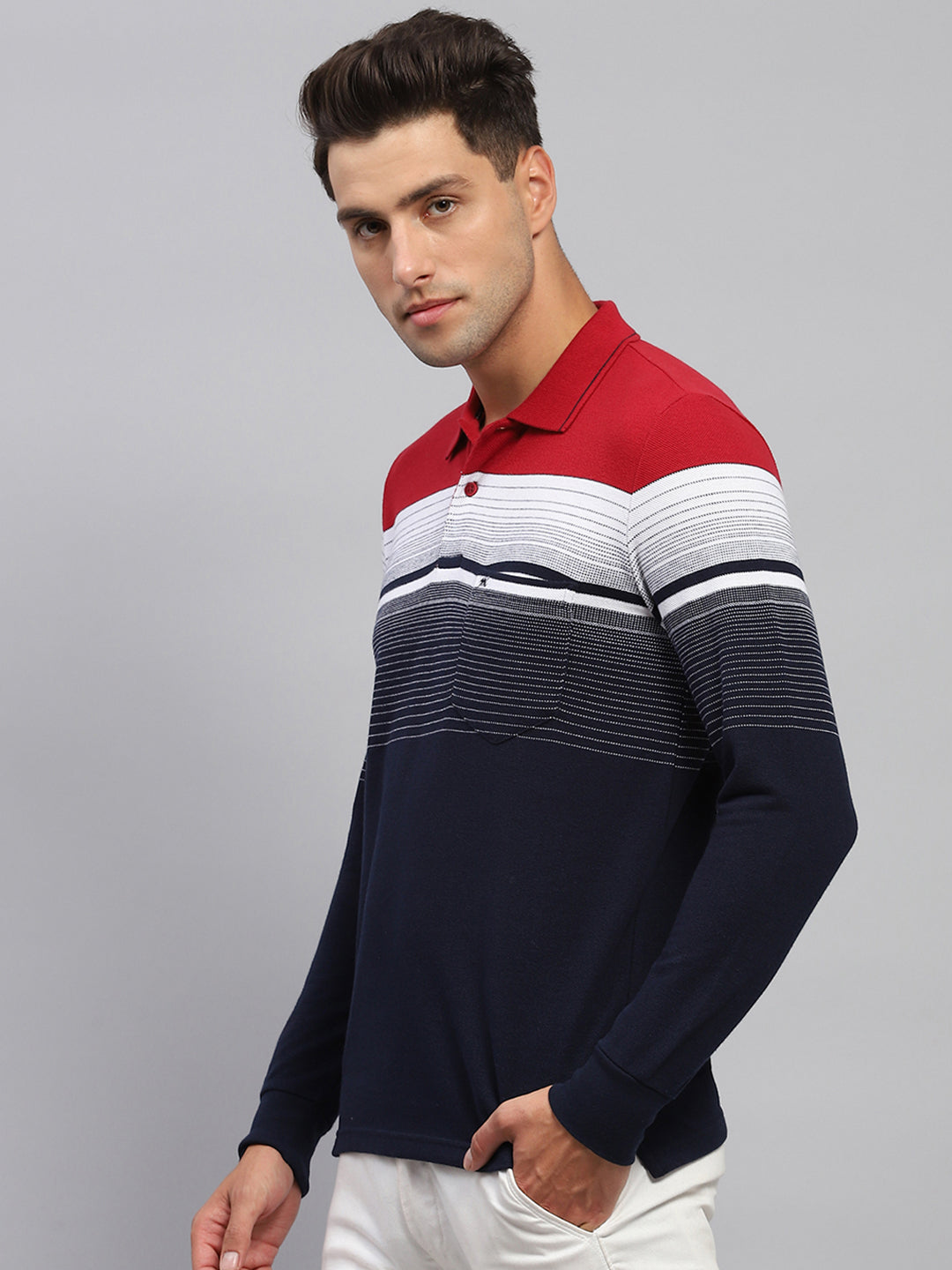 Men Navy Blue Stripe Polo Collar Full Sleeve T-Shirt