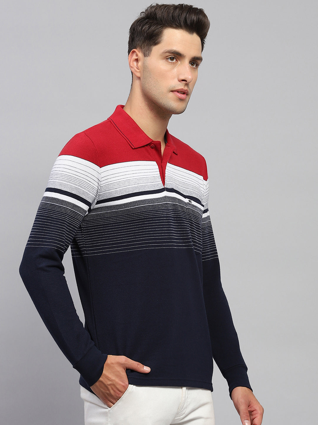 Men Navy Blue Stripe Polo Collar Full Sleeve T-Shirt