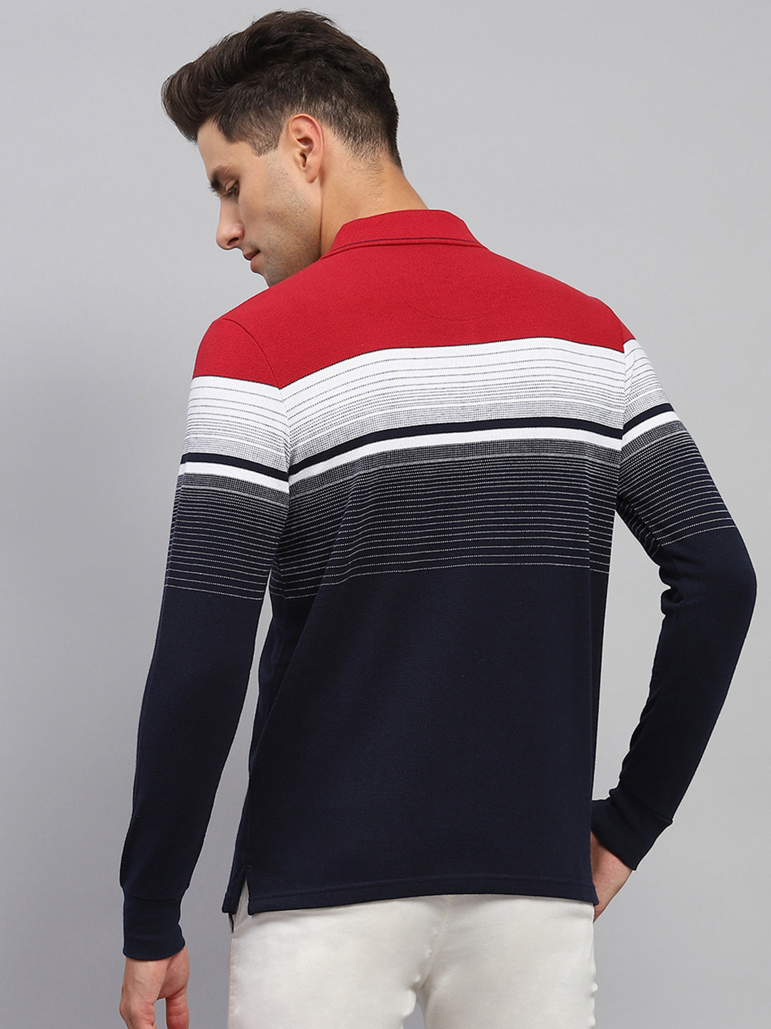 Men Navy Blue Stripe Polo Collar Full Sleeve T-Shirt