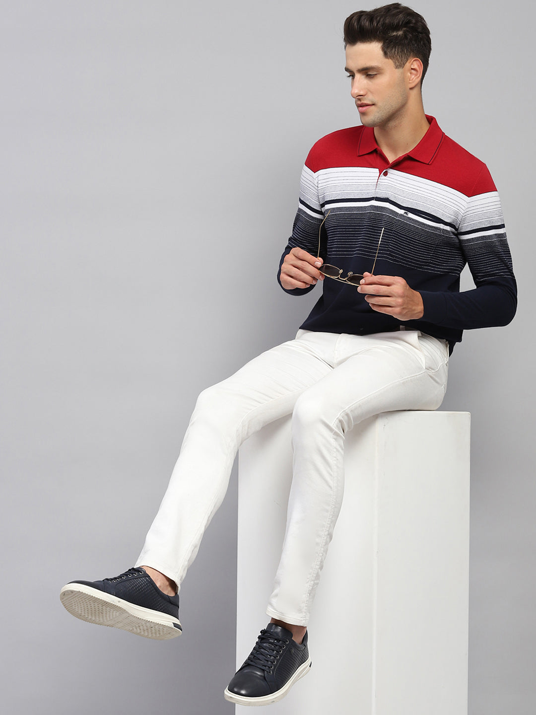 Men Navy Blue Stripe Polo Collar Full Sleeve T-Shirt