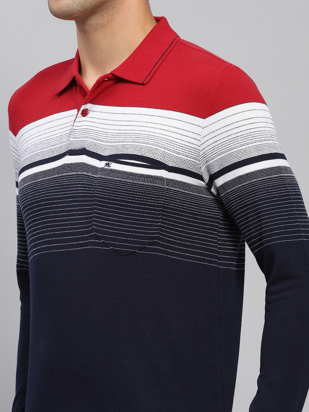 Men Navy Blue Stripe Polo Collar Full Sleeve T-Shirt