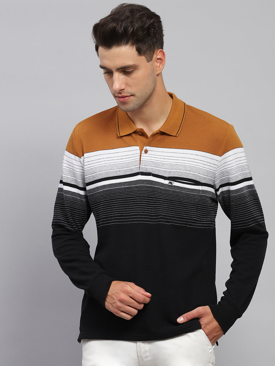 Men Multicolor Stripe Polo Collar Full Sleeve T-Shirt