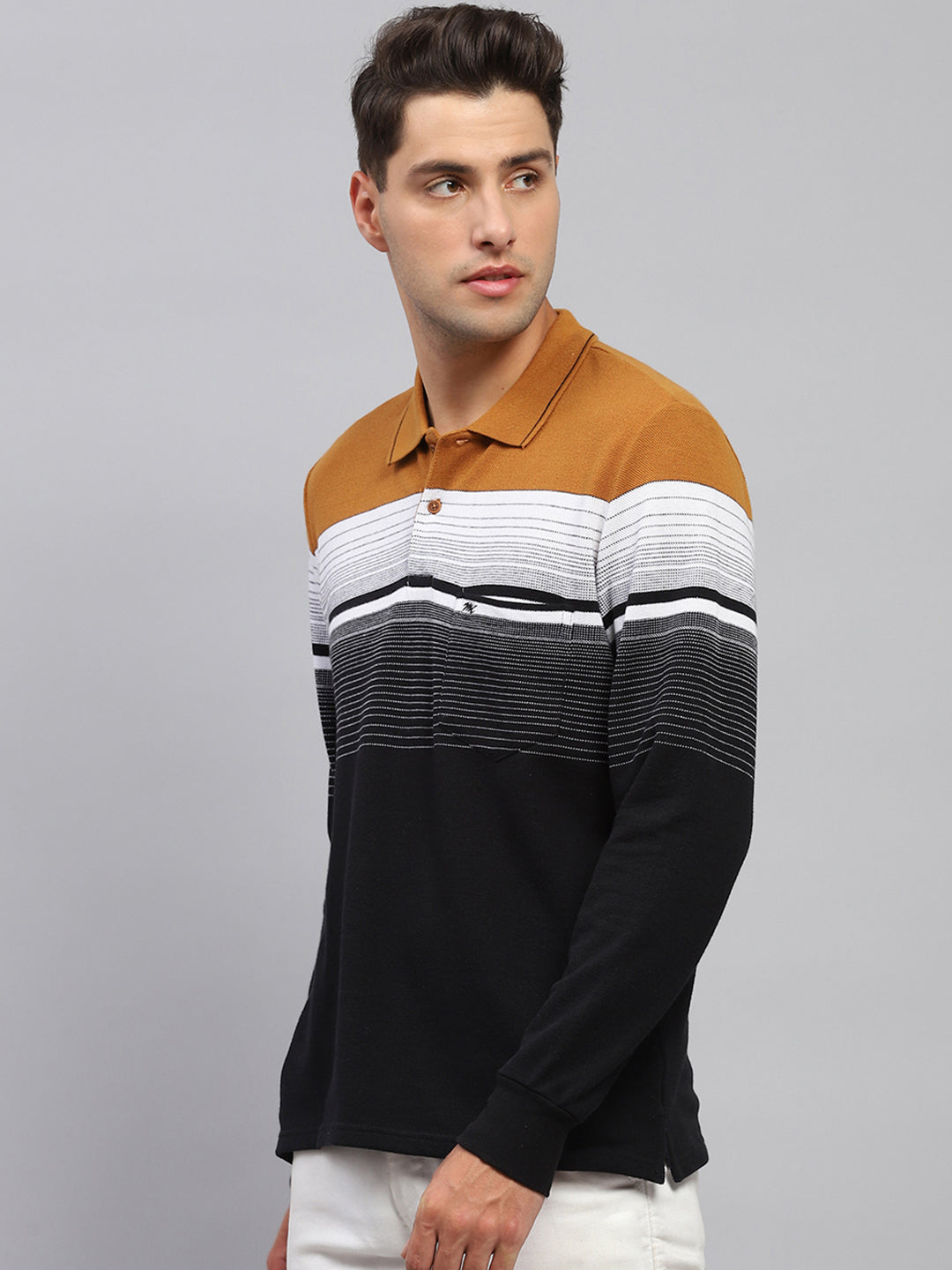 Men Multicolor Stripe Polo Collar Full Sleeve T-Shirt