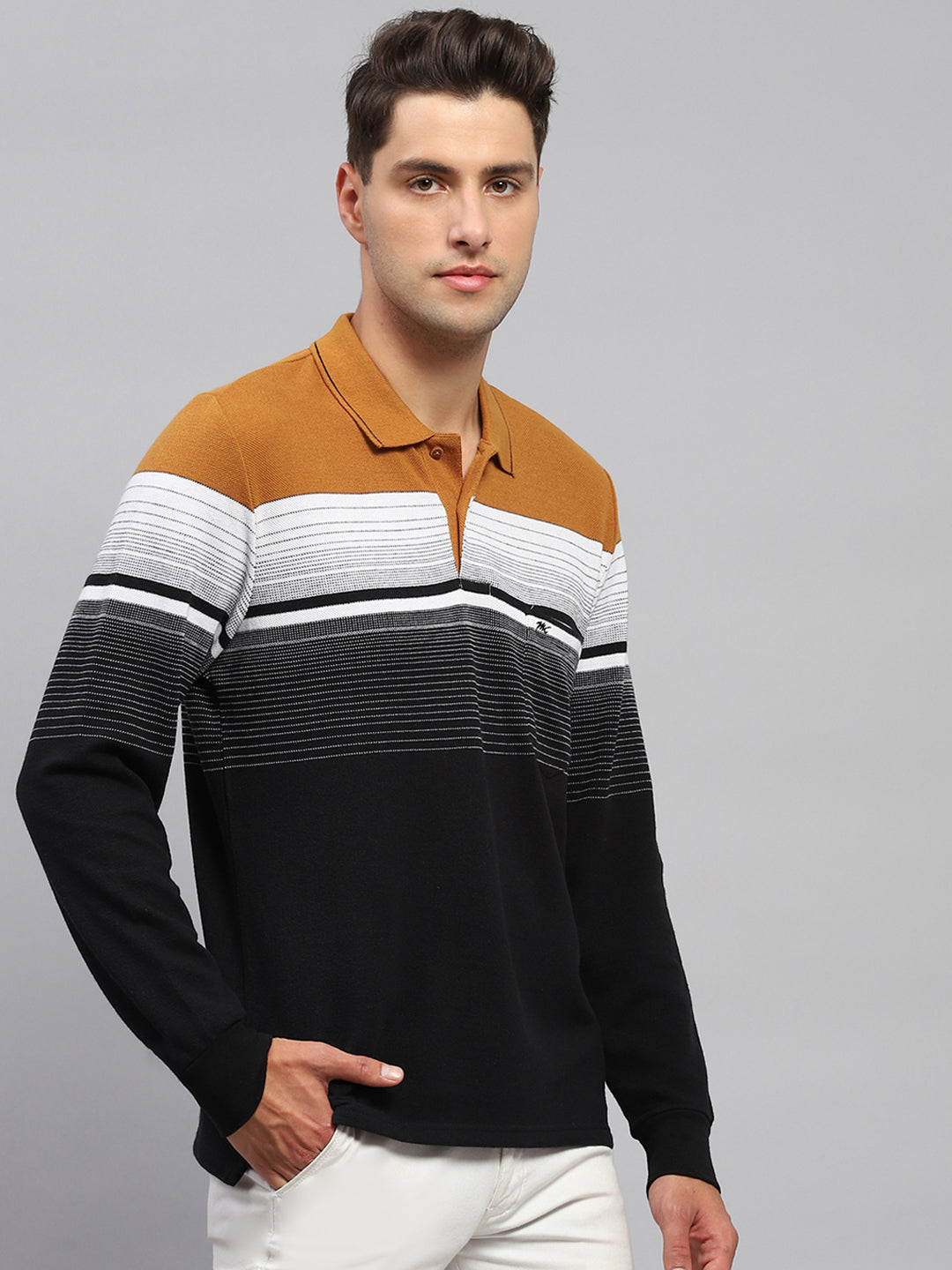 Men Multicolor Stripe Polo Collar Full Sleeve T-Shirt