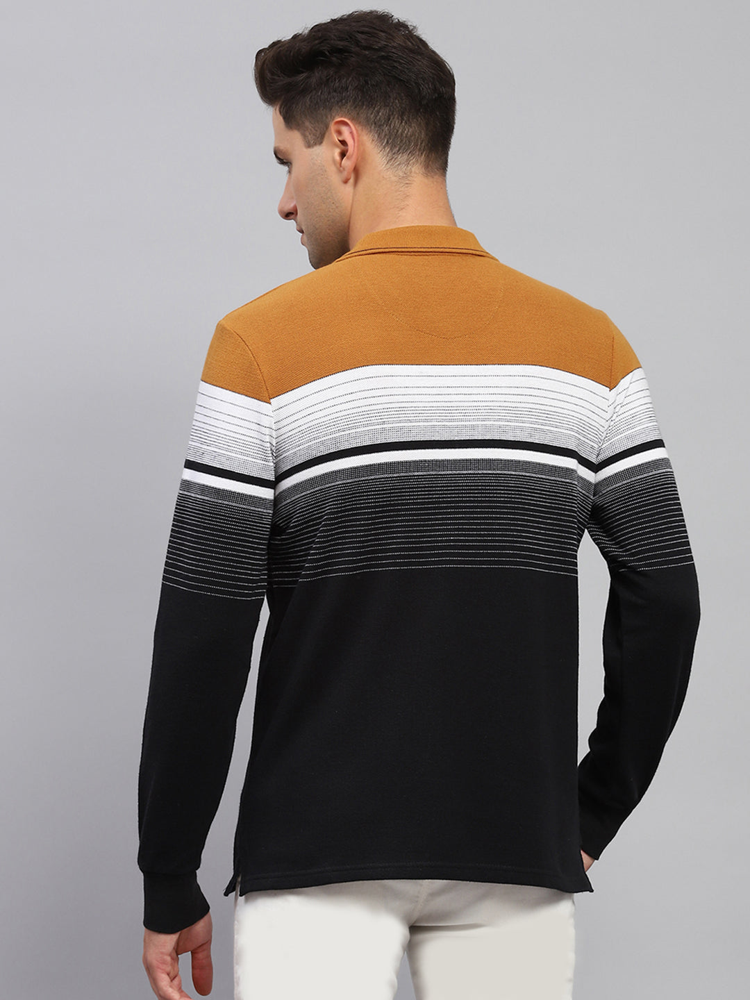 Men Multicolor Stripe Polo Collar Full Sleeve T-Shirt