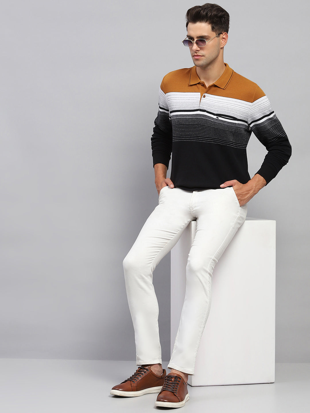 Men Multicolor Stripe Polo Collar Full Sleeve T-Shirt