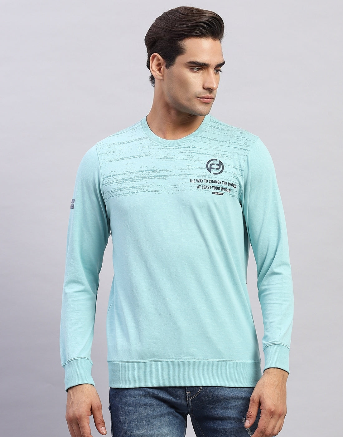 Men Light Blue Printed Round Neck Full Sleeve Winter T-Shirt