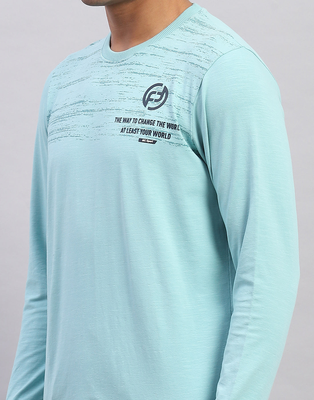 Men Light Blue Printed Round Neck Full Sleeve Winter T-Shirt