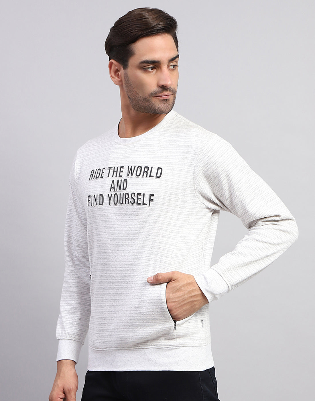 Men White Solid Round Neck Full Sleeve Winter T-Shirt