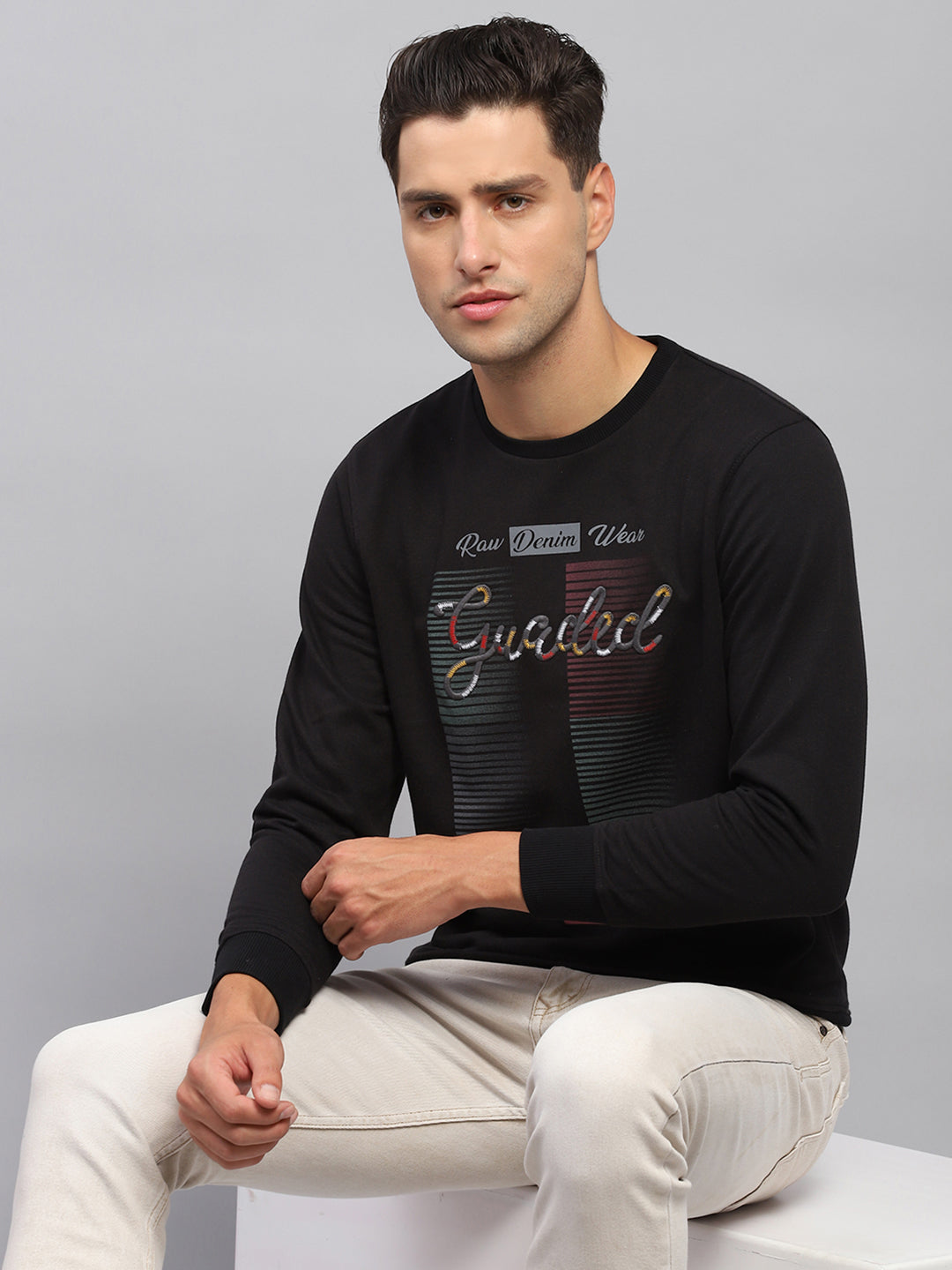 Men Black Printed Round Neck Full Sleeve Sweatshirt