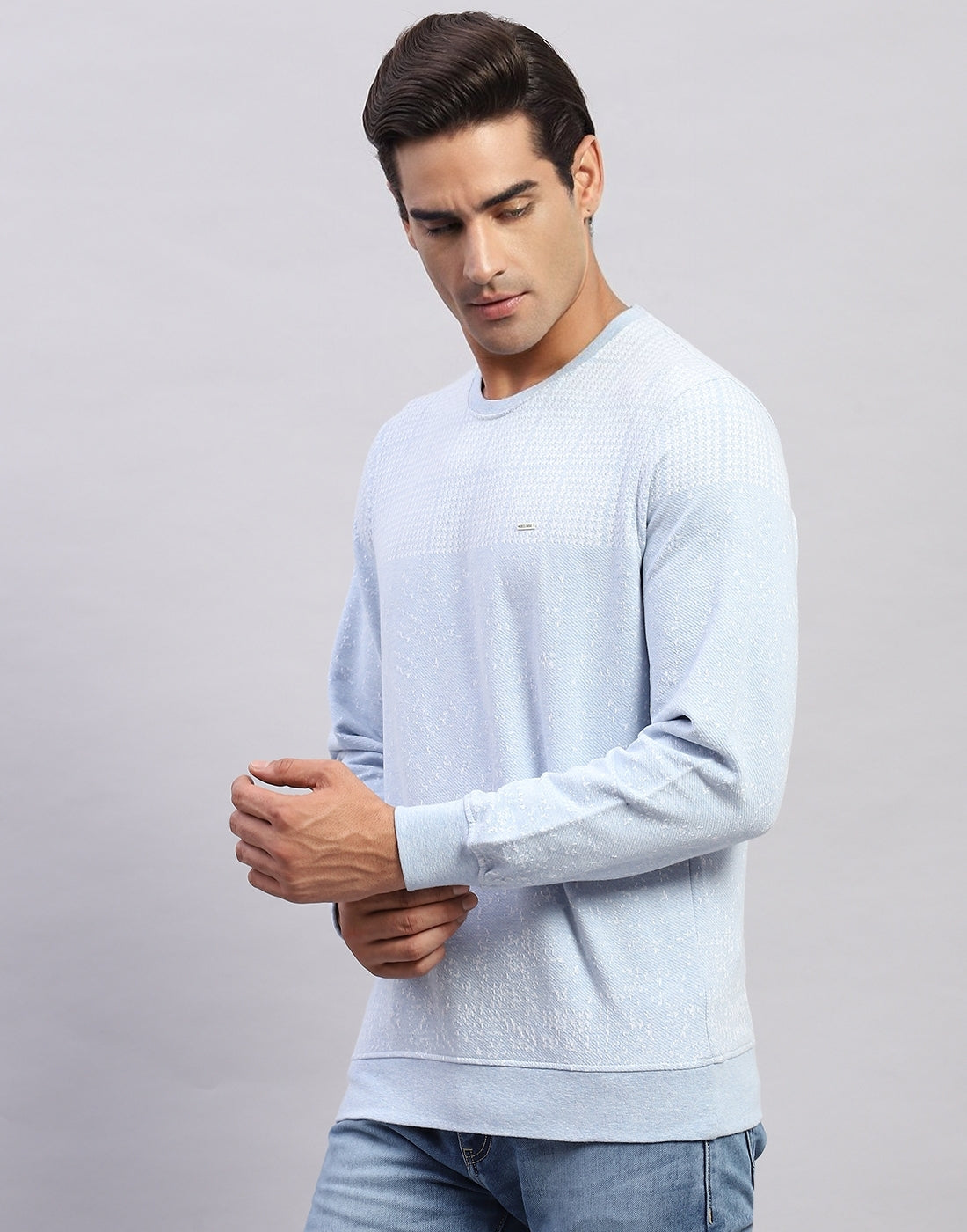 Men Light Blue Printed Round Neck Full Sleeve Winter T-Shirt