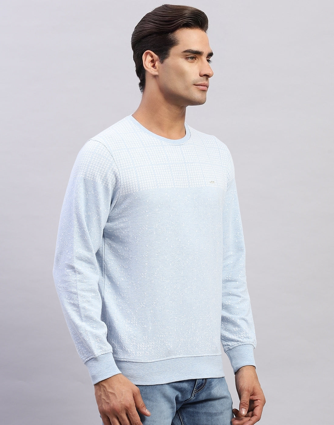 Men Light Blue Printed Round Neck Full Sleeve Winter T-Shirt