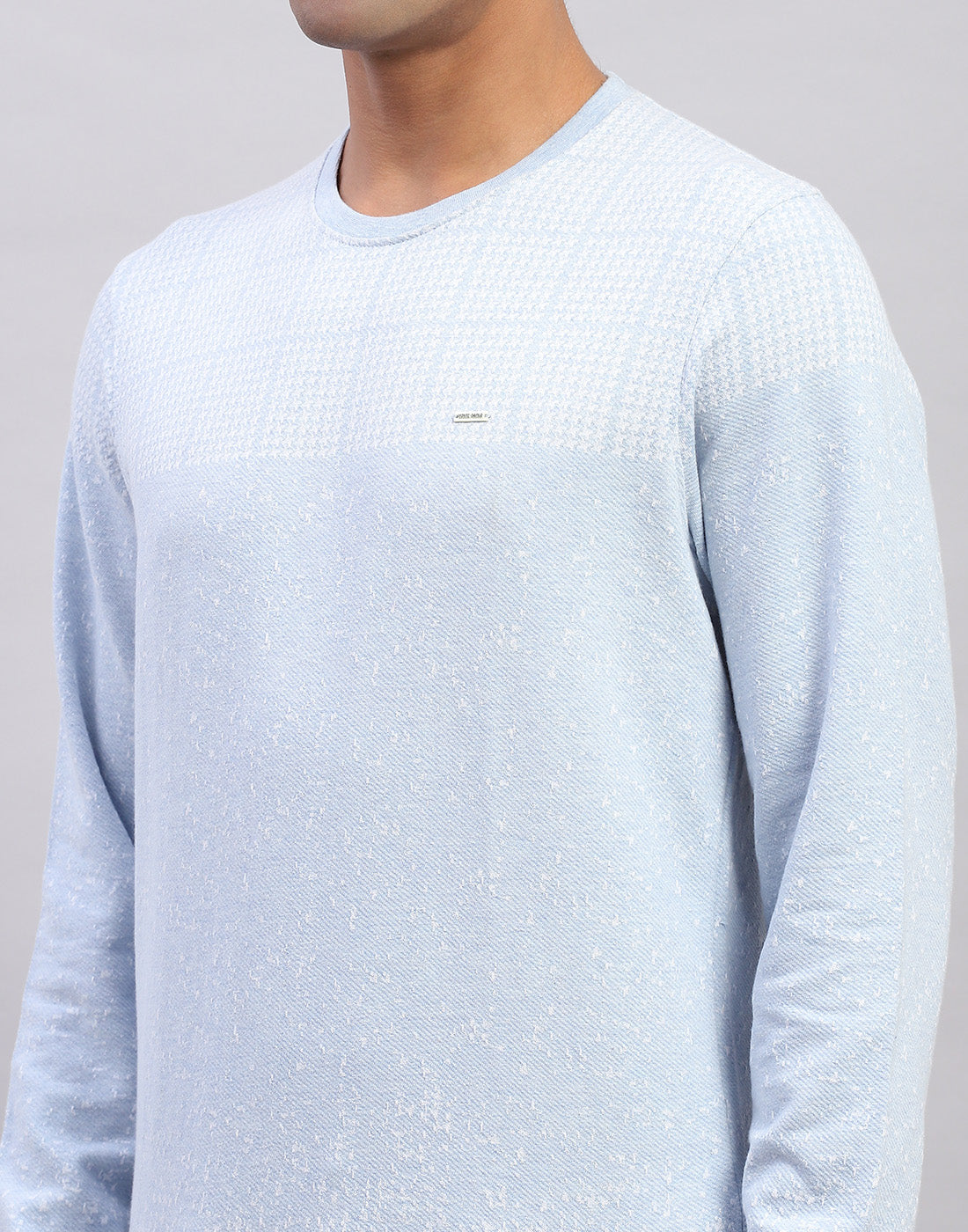 Men Light Blue Printed Round Neck Full Sleeve Winter T-Shirt