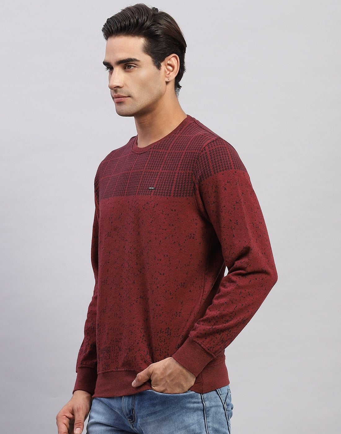 Men Maroon Printed Round Neck Full Sleeve Winter T-Shirt