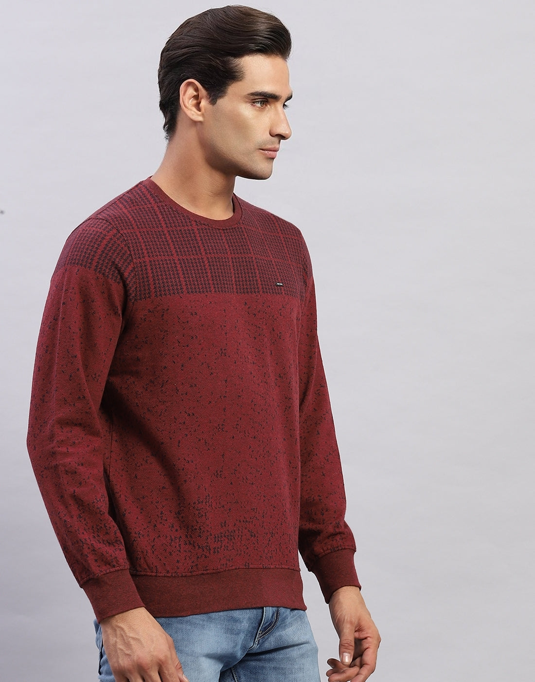 Men Maroon Printed Round Neck Full Sleeve Winter T-Shirt