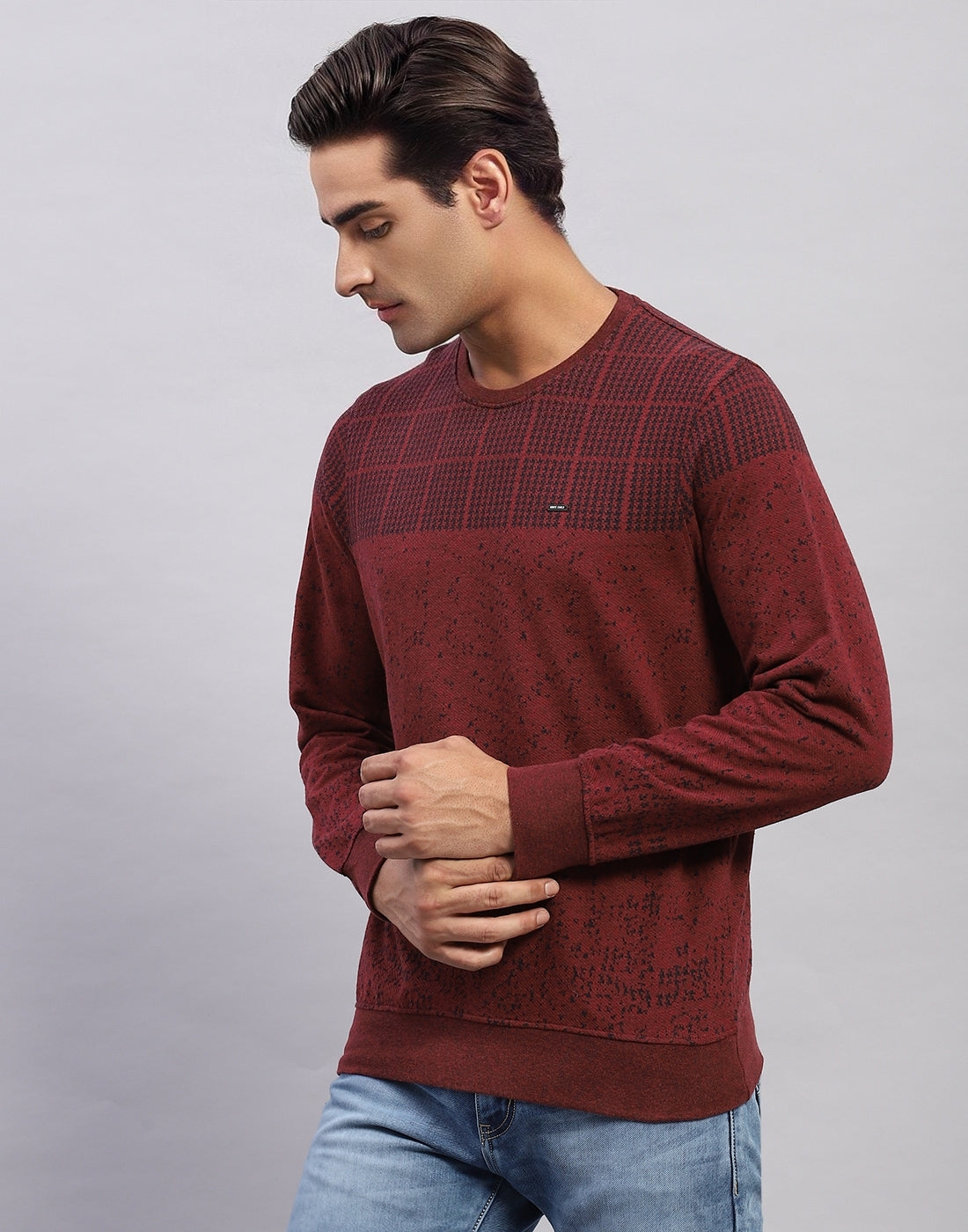 Men Maroon Printed Round Neck Full Sleeve Winter T-Shirt