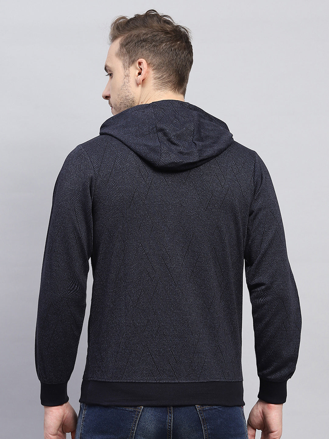 Men Navy Blue Printed Hooded Full Sleeve Winter T-Shirt